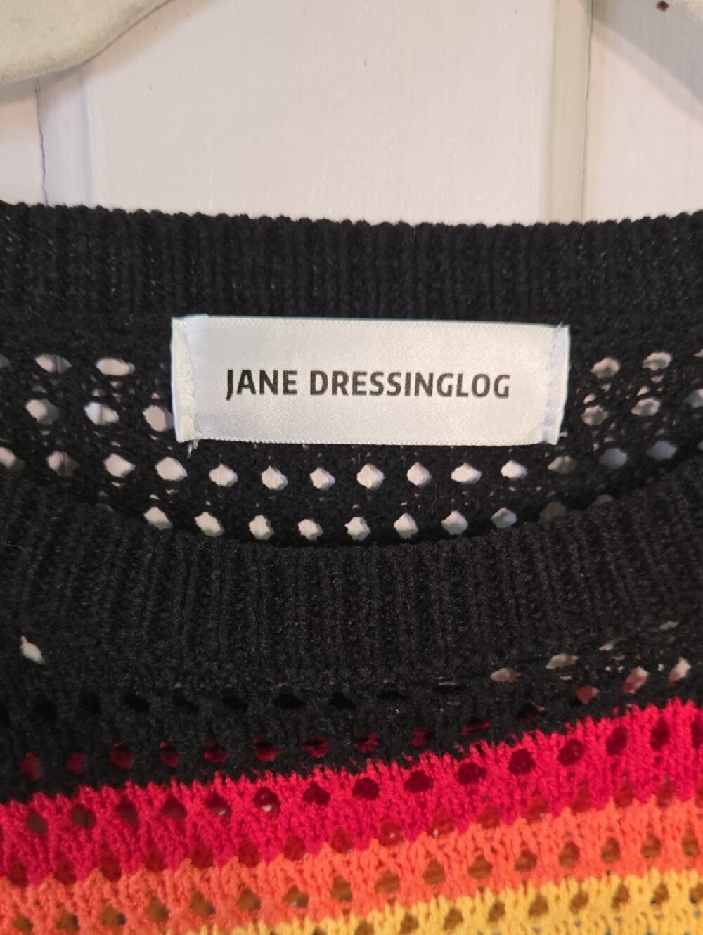 Jane Dressinglog Black Crochet Short-Sleeve Top with Rainbow Stripes Size XL - Picture 2 of 5
